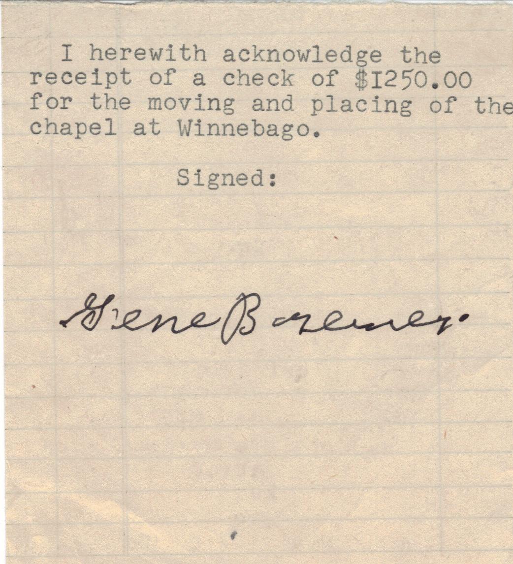 Receipt for moving and placing chapel, $1250.00